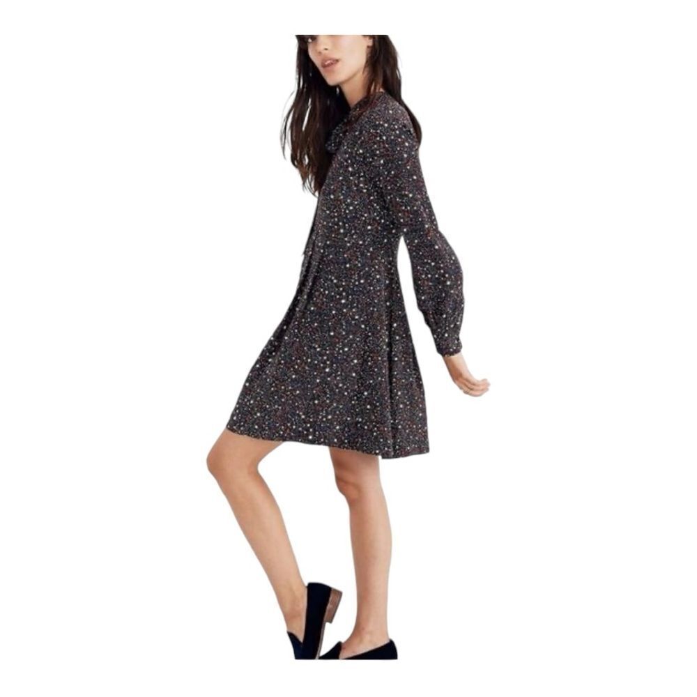 Madewell Balsam Long Sleeve Tie-Neck Starry Night Print 100% Silk Dress Size 6